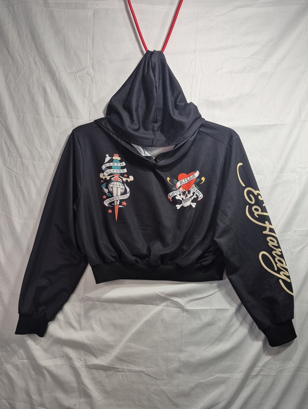 ED Hardy Black Graphic Pullover Hoodie with Tattoo-Inspired Prints